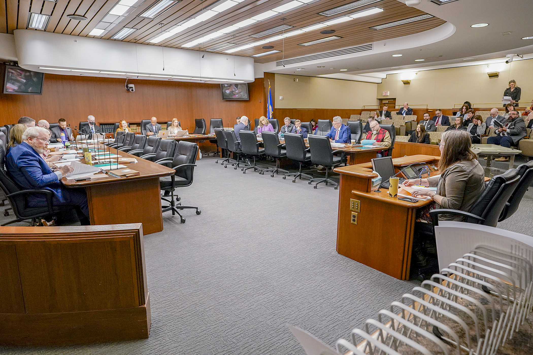 Rep. Jamie Becker-Finn, who chairs the House Judiciary Finance and Civil Law Committee, walks through HF3872, the judiciary policy bill approved by the committee March 21. (Photo by Michele Jokinen) 